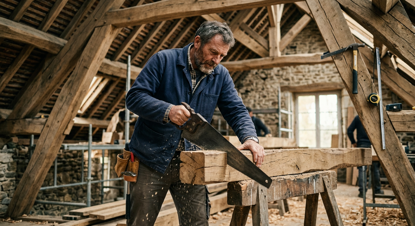 Charpentier au travail sur un chantier