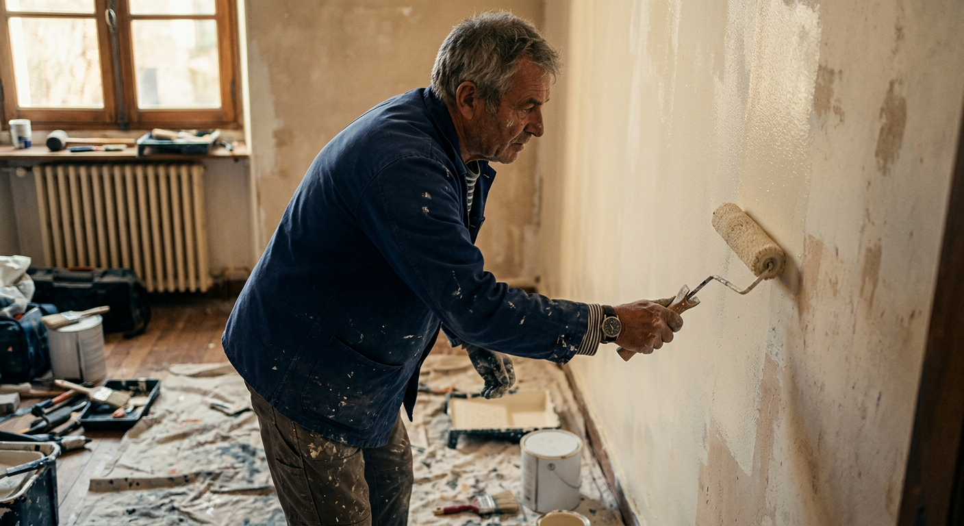 Peintre au travail sur un chantier