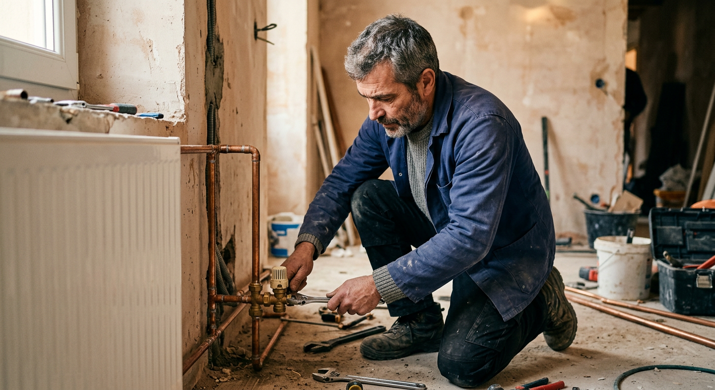 Plombier-chauffagiste au travail sur un chantier